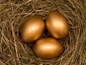 Three golden eggs in a nest. Wealty concept